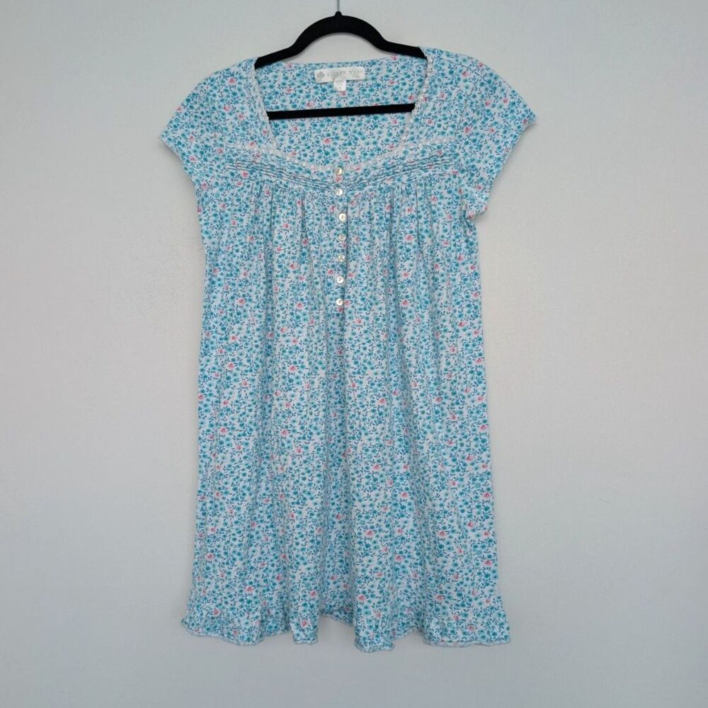 Eileen West Ditzy Floral Blue Coquette Button Lace Trim Nap Pajama Dress Sz S